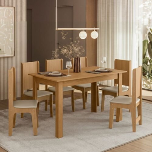 Mesa de Jantar Sara 1.43x0.83m c/6 Cadeiras Luana - Mel/Off White