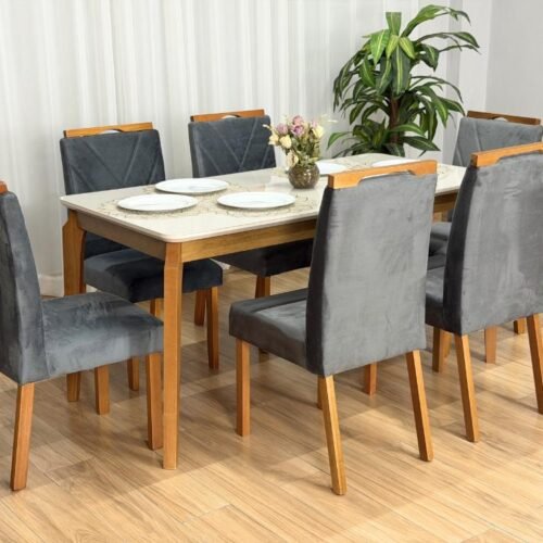 Mesa de Jantar Alegra 1.60x0.80 Com 6 Cadeiras Isa - Cinamomo/Off White/Cinza