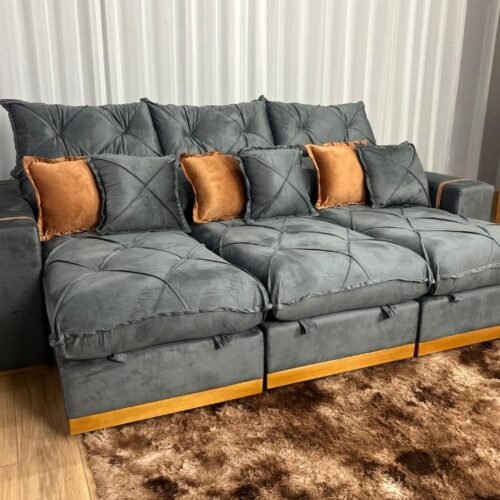 Sofá Retrátil Reclinável Pleno 3 Módulos 2.60m - Cinza Veludo