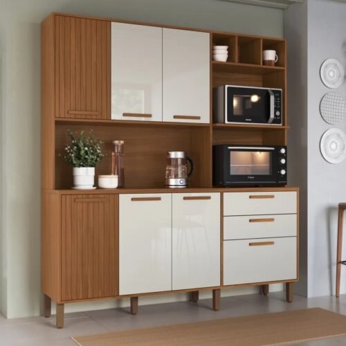 Armário de Cozinha Kit Grécia 7 Portas 2 Gavetas 1.80m - Freijó/Off White