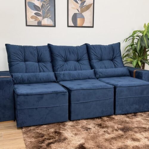 Sofá Retrátil Reclinável Junior 3 Módulos 2.45m - Azul Veludo