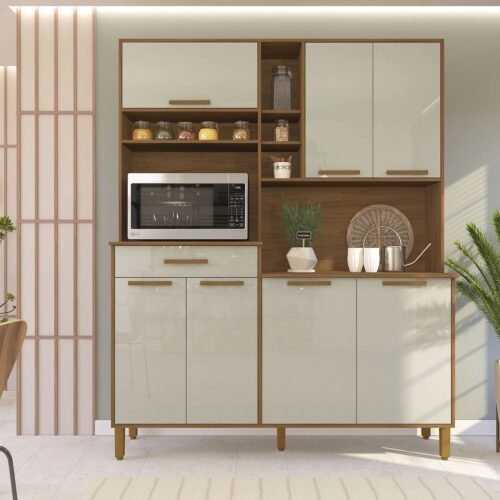 Armário de Cozinha Kit New Braga 7 Portas 1 Gaveta 1.60m - Freijó/Off White
