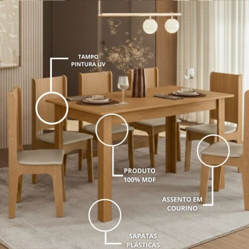 Alternative view of Mesa de Jantar Sara 1.43x0.83m c/6 Cadeiras Luana - Mel/Off White