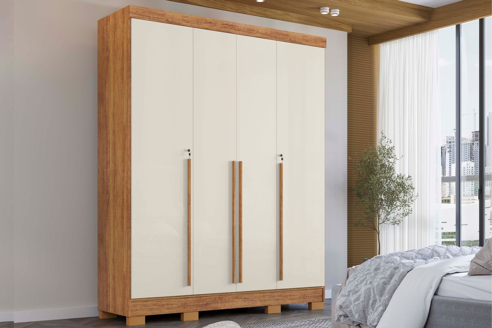 Guarda-Roupa Domus 4 portas com pés e chave - Cedro/Areia - Imagem 2