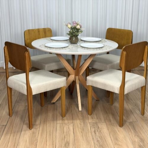 Mesa de Jantar Circular Simpatia 1.08x1.08 c/4 Cadeiras Barcelona - Cinamomo/Off White/Begeb Linho