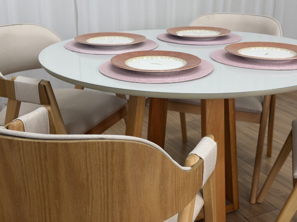 Mesa de Jantar Bali Circular 1.10x1.10m c/4 Cadeiras Pérola - Cinamomo/Off White/Bege Linho - Imagem 5