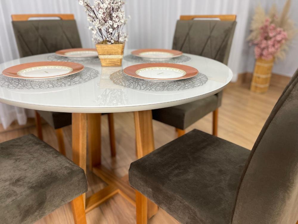 Mesa de Jantar Bali Circular 1.10x1.10 c/4 Cadeiras Isa - Cinamomo/Off White/Marrom Veludo - Imagem 3