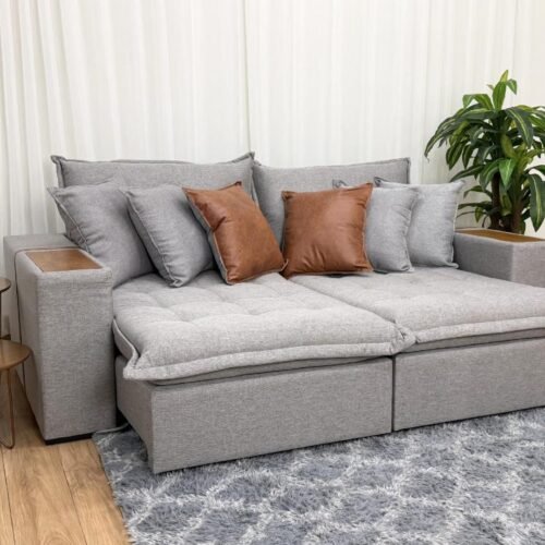 Sofá Cama Retrátil Reclinável Tebas 2.30m - Cinza Linho/Marrom Courino