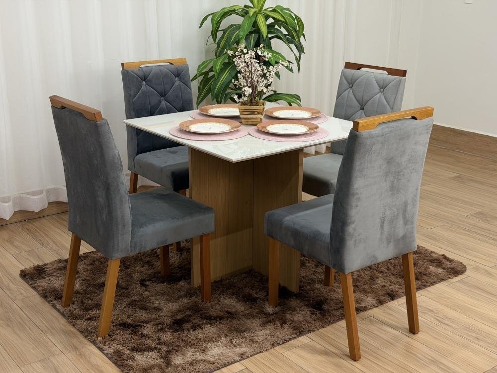 Mesa de Jantar Helo 0.90x0.90 Com 4 Cadeiras Jasmim - Freijó/Off White/Cinza Veludo - Imagem 3