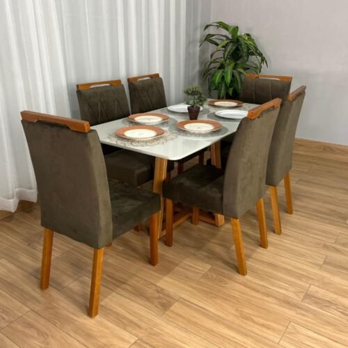 Alternative view of Mesa de Jantar Bali 1.60×0.80 Com 6 Cadeiras Isa – Cinamomo/Off White/Marrom Veludo