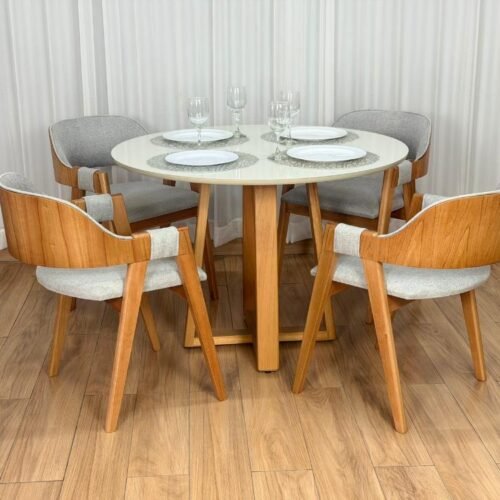 Alternative view of Mesa de Jantar Bali Circular 1.10x1.10m c/4 Cadeiras Pérola  - Cinamomo/Off White/Cinza Linho