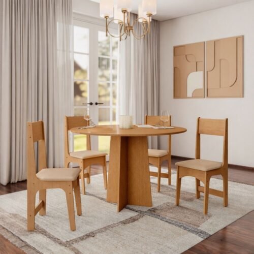 Mesa de Jantar Cindy Circular 90x90 c/4 Cadeiras Delta - Mel/Off White