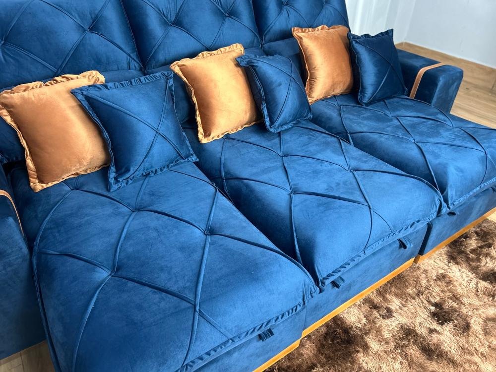Sofá Retrátil Reclinável Pleno 3 Módulos 2.60m - Azul Veludo - Imagem 6