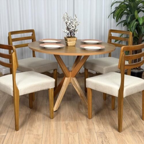Mesa de Jantar Circular Simpatia 1.08x1.08 c/4 Cadeiras Turquia - Cinamomo/Bege Linho