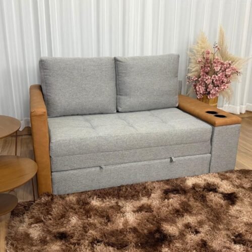 Sofa Cama Anis 1.60m - Cinza Linho/Marrom Courino
