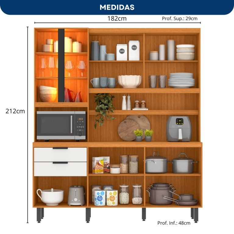 Armário de Cozinha Murano c/Led 1.80m – Freijó Ripado/ Off White - Imagem 4