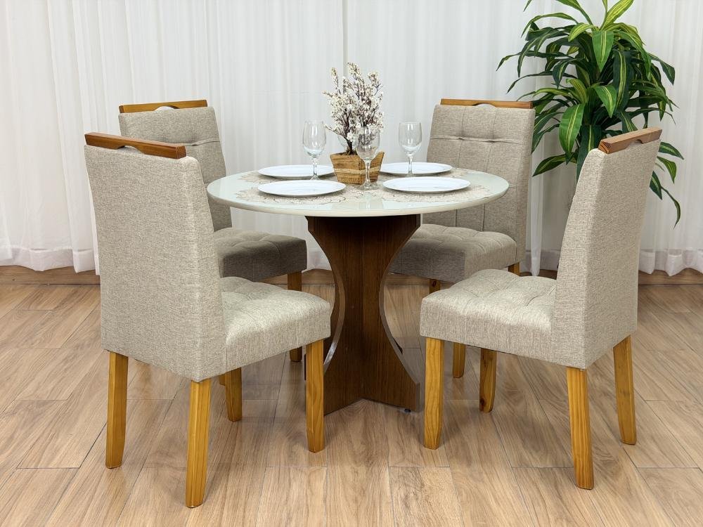 Mesa de Jantar Sienna Circular 1.00 Com 4 Cadeiras Londres - Cinamomo/Off white/Bege Linho