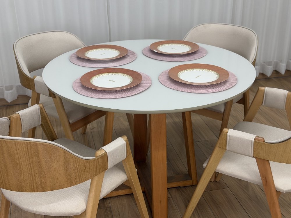 Mesa de Jantar Bali Circular 1.10x1.10m c/4 Cadeiras Pérola - Cinamomo/Off White/Bege Linho - Imagem 4