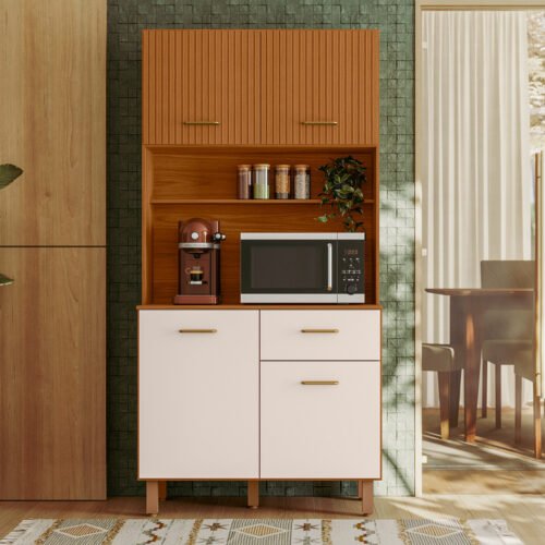 Armário de Cozinha Kit Iziz 0,90m -  Freijó Ripado/ Off White