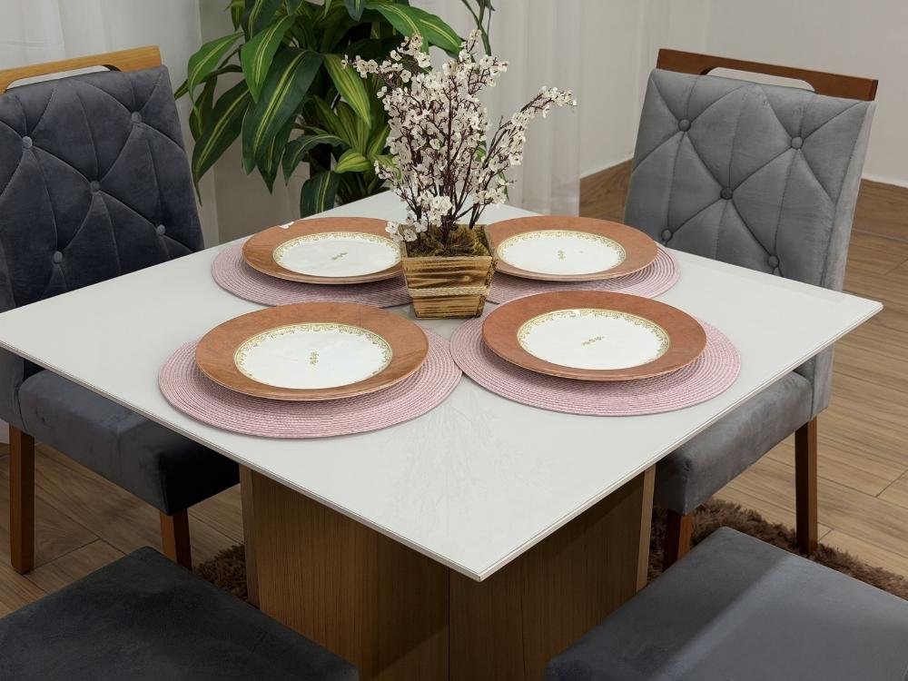 Mesa de Jantar Helo 0.90x0.90 Com 4 Cadeiras Jasmim - Freijó/Off White/Cinza Veludo - Imagem 4