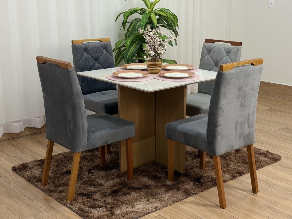 Mesa de Jantar Helo 0.90x0.90 Com 4 Cadeiras Jasmim - Freijó/Off White/Cinza Veludo - Imagem 5