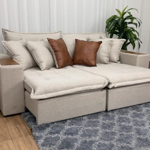 Sofá Cama Retrátil Reclinável Tebas 2.30m - Bege Linho/Marrom Courino