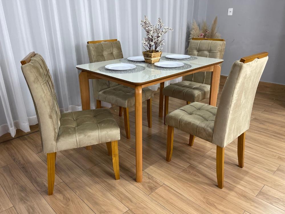 Mesa de Jantar Veneza 1.20x0.80 c/4 Cadeiras Londres - Cinamomo/Off White/Avelã Veludo - Imagem 2