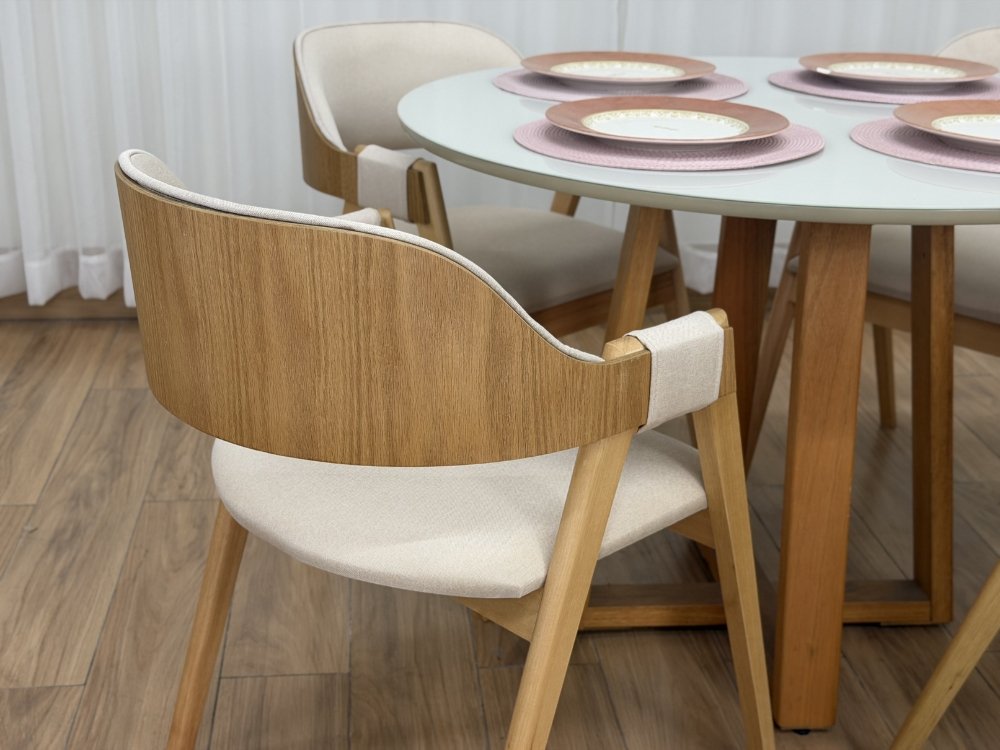 Mesa de Jantar Bali Circular 1.10x1.10m c/4 Cadeiras Pérola - Cinamomo/Off White/Bege Linho - Imagem 3