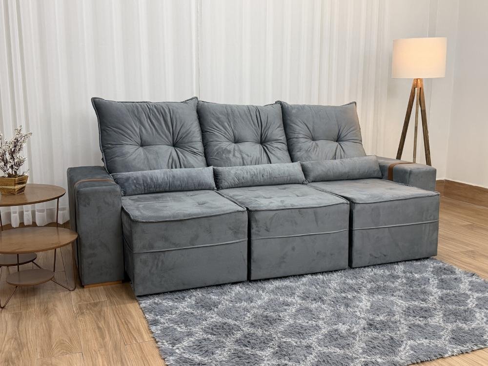 Sofá Retrátil Reclinável Junior 3 Módulos 2.45m - Cinza Veludo