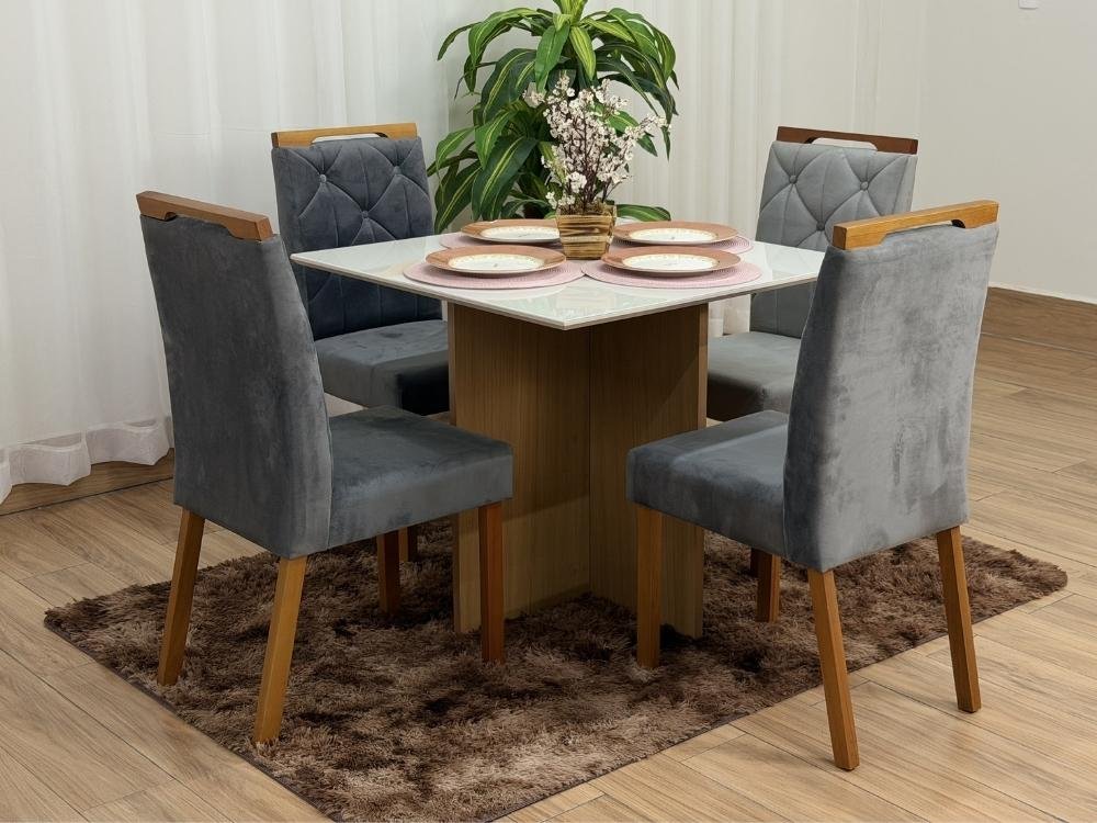 Mesa de Jantar Helo 0.90x0.90 Com 4 Cadeiras Jasmim - Freijó/Off White/Cinza Veludo
