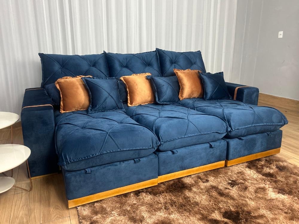 Sofá Retrátil Reclinável Pleno 3 Módulos 2.60m - Azul Veludo