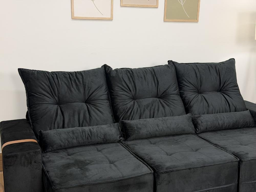Sofá Retrátil Reclinável Junior 3 Módulos 2.45m - Preto Veludo - Imagem 7