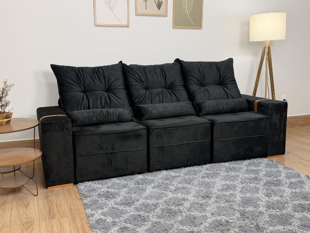 Sofá Retrátil Reclinável Junior 3 Módulos 2.45m - Preto Veludo - Imagem 6