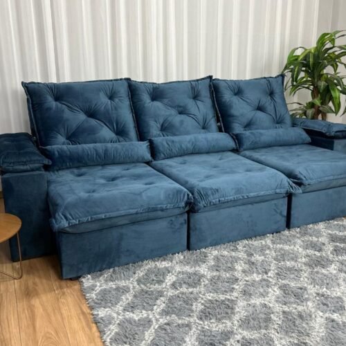 Sofá Retrátil Reclinável Porto Madero 2.70m- Azul Veludo