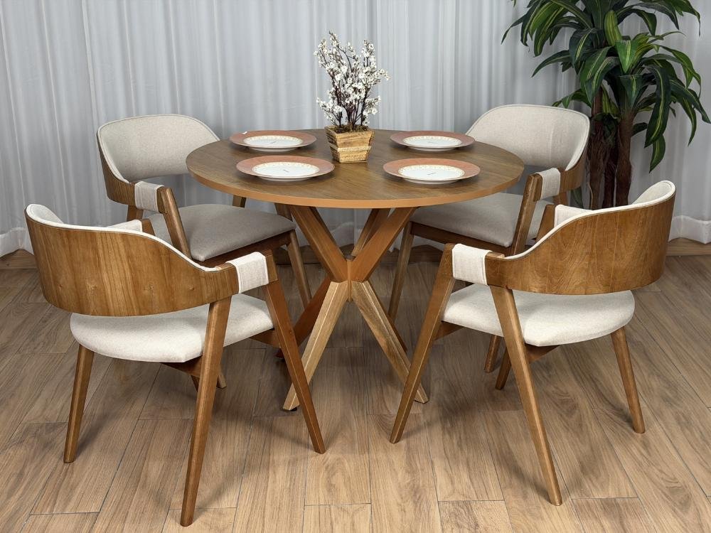 Mesa de Jantar Circular Simpatia 1.08x1.08 c/4 Cadeiras Pérola - Cinamomo/Bege Linho - Imagem 2