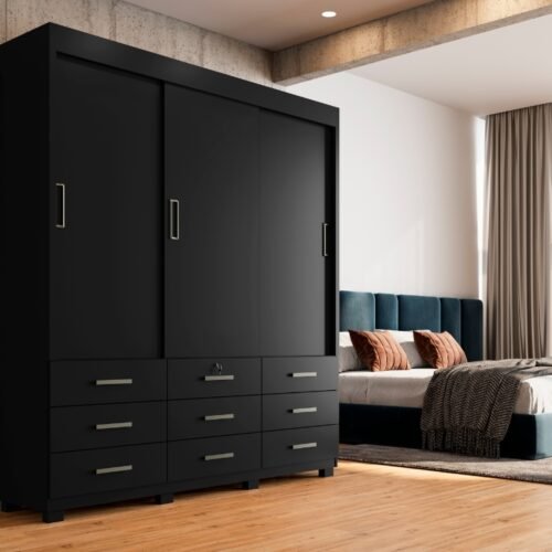 Guarda-Roupa Itapema II 3 portas de correr Sem espelho 9 gavetas - Preto