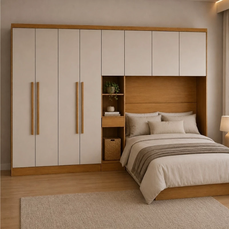 Modulado Casal Cumaru/Fendi Fosco 1 Roupeiro Moderni 4 Pts + 1 Criado Rizon + 1 Aéreo 3 portas Rizon
