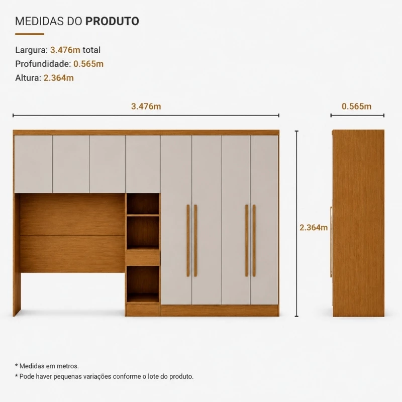 Modulado Casal Cumaru/Fendi Fosco 1 Roupeiro Moderni 4 Pts + 1 Criado Rizon + 1 Aéreo 3 portas Rizon - Imagem 4