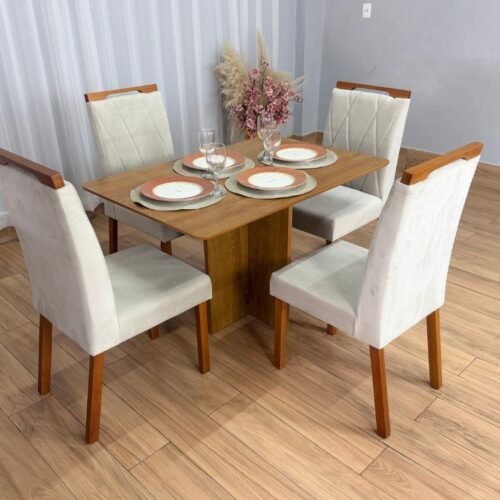 Mesa de Jantar Salinas 1.20x0.80 s/Vidro c/4 Cadeiras Isa - Cinamomo/Bege Veludo