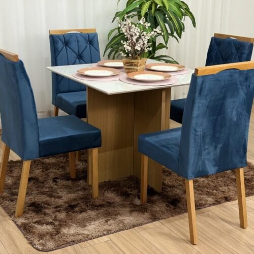 Mesa de Jantar Helo 0.90x0.90 Com 4 Cadeiras Jasmim - Freijó/Off White/Azul Veludo