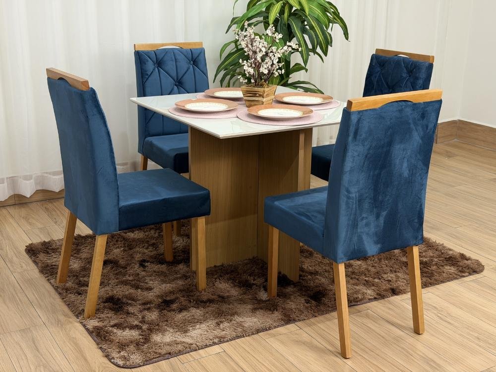 Mesa de Jantar Helo 0.90x0.90 Com 4 Cadeiras Jasmim - Freijó/Off White/Azul Veludo