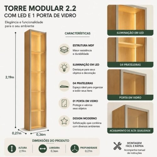 Alternative view of Torre Modular c/ Led Vidro reflecta + Bancada Tucumã + Painel Slim c/Prateleira 55" e Led 2.16m - Nature/Off White