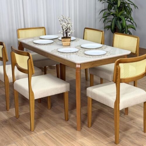 Alternative view of Mesa de Jantar Alegra c/Vidro 1.60x0.80 c/6 Cadeiras Fortaleza - Cinamomo/Off White/Bege Linho