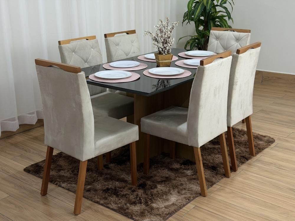Mesa de Jantar Helo 1.60×0.90 Com 6 Cadeiras Jasmim - Freijó/Preto/Bege Veludo - Imagem 9