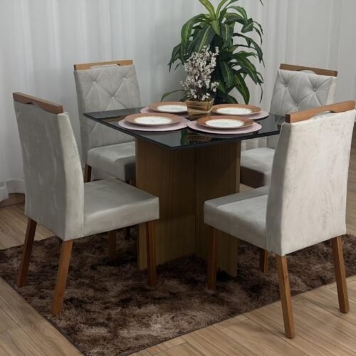 Mesa de Jantar Helo 0.90x0.90 Com 4 Cadeiras Jasmim - Freijó/Preto/Bege Veludo