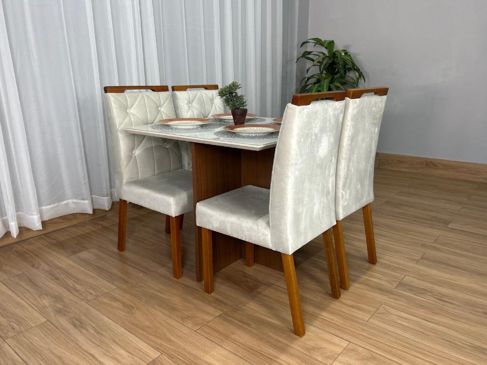 Mesa de Jantar Helo 0.90x0.90 Com 4 Cadeiras Jasmim - Freijó/Off White/Bege Veludo - Imagem 2