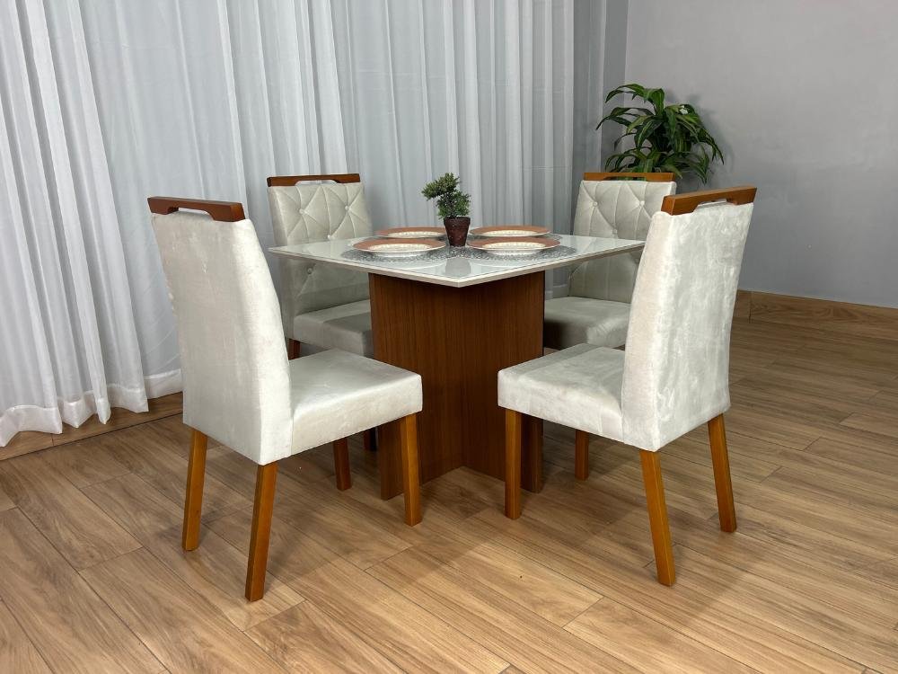 Mesa de Jantar Helo 0.90x0.90 Com 4 Cadeiras Jasmim - Freijó/Off White/Bege Veludo