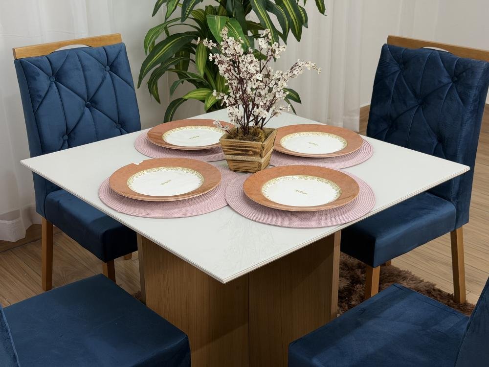 Mesa de Jantar Helo 0.90x0.90 Com 4 Cadeiras Jasmim - Freijó/Off White/Azul Veludo - Imagem 5