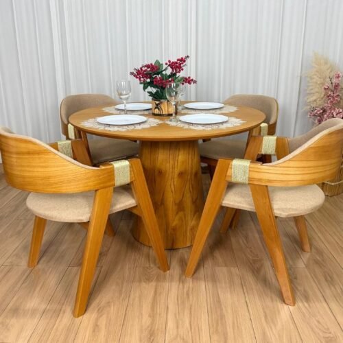 Mesa de Jantar Paris Circular 1.10x1.10 c/4 Cadeiras Ravena - Cinamomo Laminado/Bege Linho