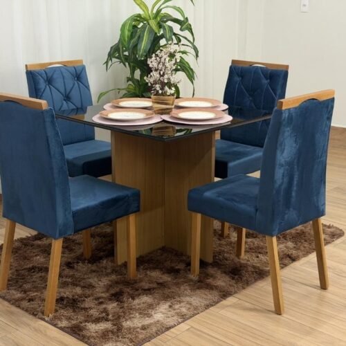 Mesa de Jantar Helo 1.20x0.90 Com 4 Cadeiras Jasmim - Freijó/Preto/Azul Veludo